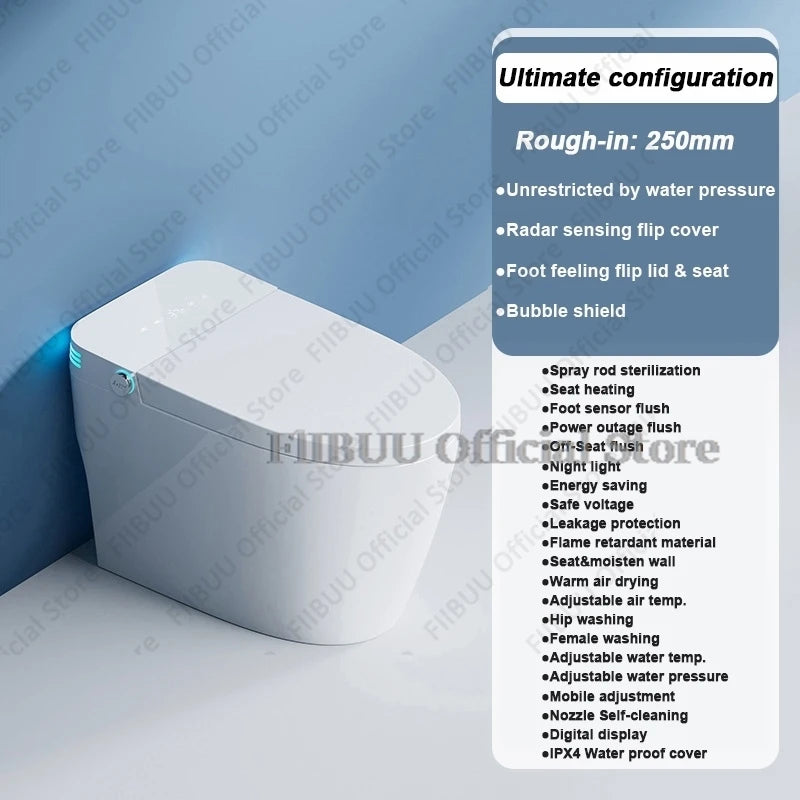 Luxury Smart Toilet Built In Water Tank Toilet Heated Seat Elongated Toilet Blackout Food flush Night Light Built-in Bidet Seat