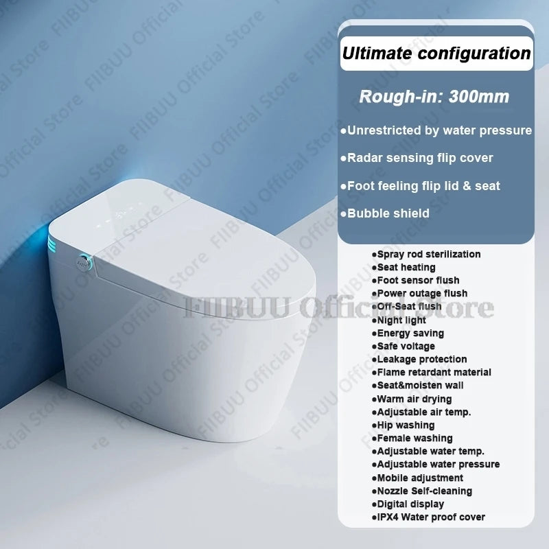 Luxury Smart Toilet Built In Water Tank Toilet Heated Seat Elongated Toilet Blackout Food flush Night Light Built-in Bidet Seat